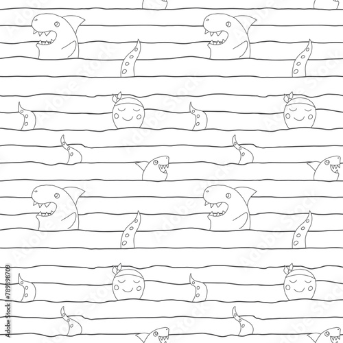 Cute shark and kraken Seamless Pattern. Cartoon sea animals and fish background. Vector illustration