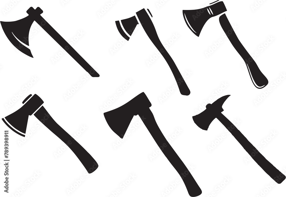 Different kinds of axes. Forester, fire, tourist axe and kitchen axe ...