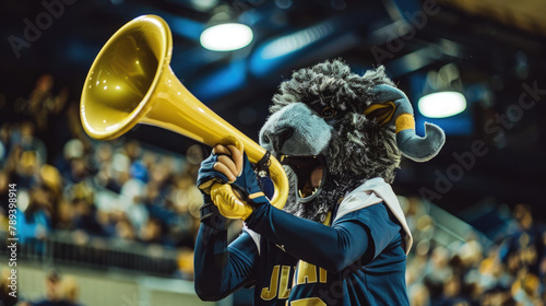 A photograph of a sports team mascot using a horn to rally fans and generate excitement at a game or event 