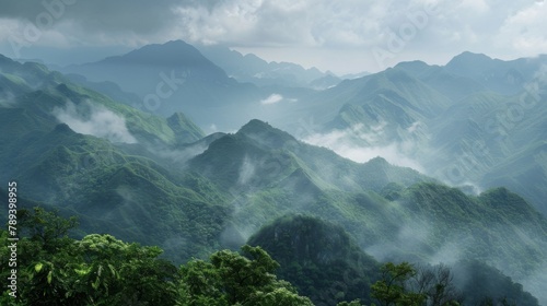 A panoramic view of a mountain range shrouded in mist, highlighting the awe-inspiring majesty of natural landscapes and the need for conservation efforts.