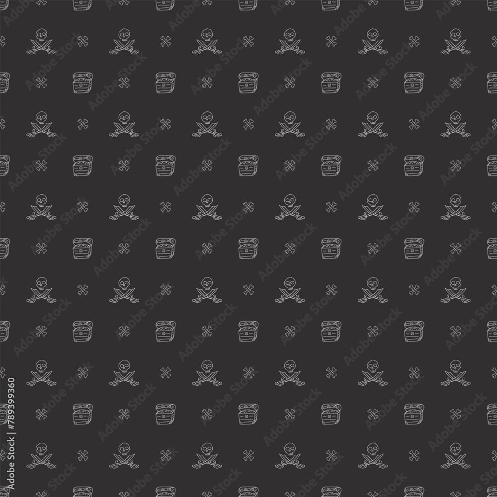 Treasure chest, Skull and crossed swords Seamless Pattern. Cartoon Pirate elements and objects. background. Vector illustration Treasure chest, Skull and crossed swords Seamless Pattern. Cartoon Pirate elements and objects. background. Vector illustration