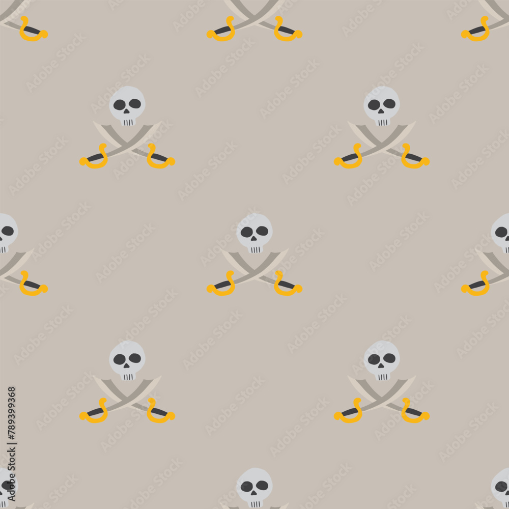 Skull and crossed swords Seamless Pattern. Cartoon Pirate elements and objects. background. Vector illustration
