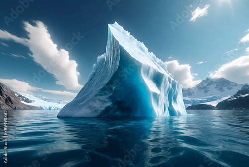 Scenery of big iceberg on water surface view in north ocean, serene scene. Isberg of central composition, blue sky, sea landscape. Hidden threat or danger concept. Gen ai illustration. Copy text space photo