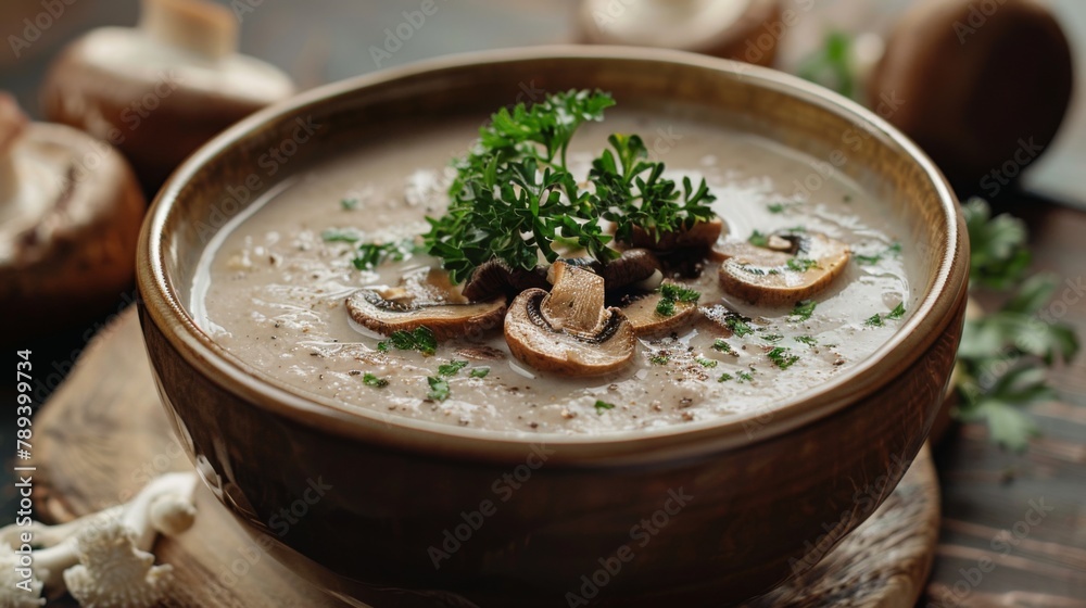 A rustic mushroom soup served in a ceramic bowl, garnished with porcini slices and fresh parsley, evoking comfort and warmth on a chilly day. A rustic mushroom soup served in a ceramic bowl, garnished with porcini slices and fresh parsley, evoking comfort and warmth on a chilly day.