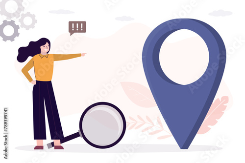 Business search concept. Businesswoman with geolocation sign because she looking for path to success with greater profit. Choose way to success and achieve goals.