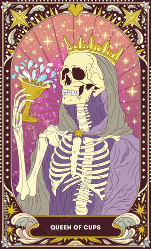 Queen of Cups A tarot card in bohemian tones in a modern style in the form of a skeleton. Modern map illustration, minimalistic cartoon skeleton, simple vector drawing