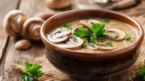 A rustic mushroom soup served in a ceramic bowl, garnished with porcini slices and fresh parsley, evoking comfort and warmth on a chilly day.