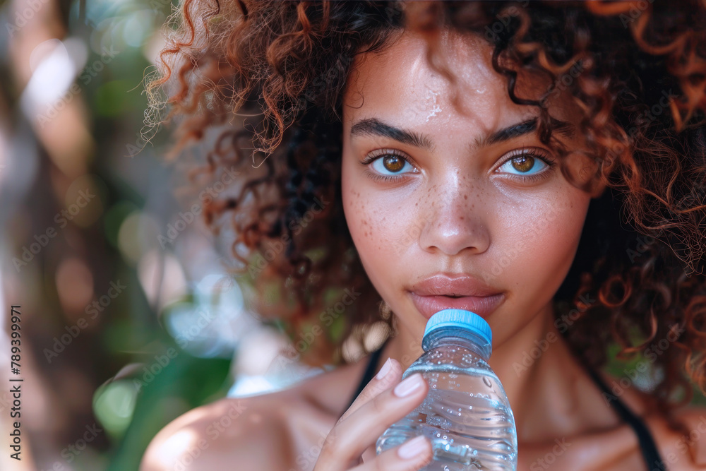 Afro woman in sportswear running outside activity and drinking water Afro woman in sportswear running outside activity and drinking water