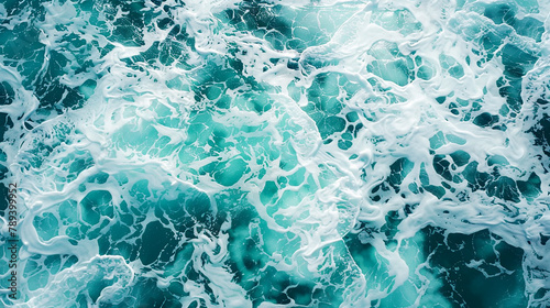 This portrayal showcases of a lively turquoise sea with foam creating abstract and swirling patterns on the water. in a stunning visual representation.