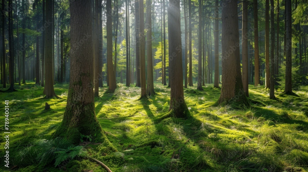 A serene forest landscape with mature trees standing tall, inspiring viewers to join efforts in tree planting for a greener and healthier planet.