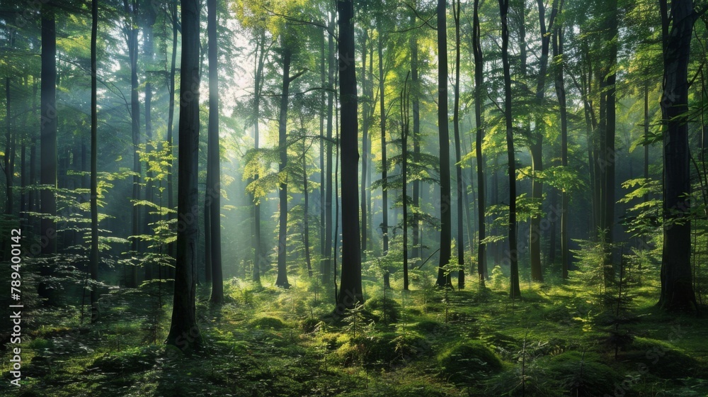 A serene forest landscape with mature trees standing tall, inspiring viewers to join efforts in tree planting for a greener and healthier planet. A serene forest landscape with mature trees standing tall, inspiring viewers to join efforts in tree planting for a greener and healthier planet.
