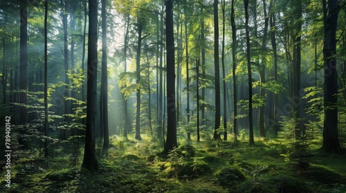 A serene forest landscape with mature trees standing tall, inspiring viewers to join efforts in tree planting for a greener and healthier planet.