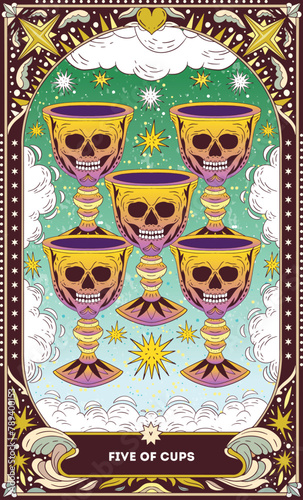Five of Cups A tarot card in bohemian tones in a modern style in the form of a skeleton. Modern map illustration, minimalistic cartoon skeleton, simple vector drawing