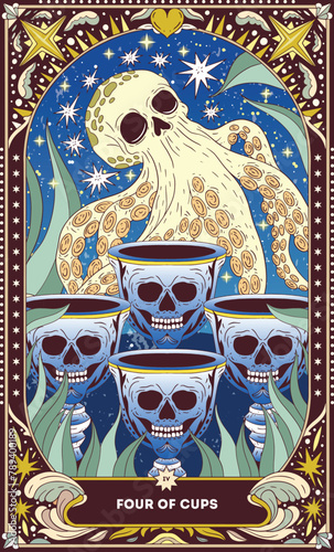 Four of Cups A tarot card in bohemian tones in a modern style in the form of a skeleton. Modern map illustration, minimalistic cartoon skeleton, simple vector drawing