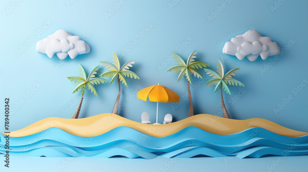 colorful paper art beach scene with coconut trees and umbrellas. summer vacation beach origami paper craft design
