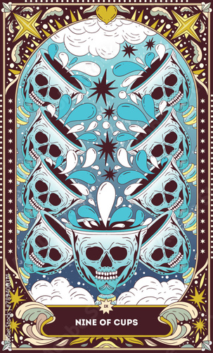 Nine of Cups A tarot card in bohemian tones in a modern style in the form of a skeleton. Modern map illustration, minimalistic cartoon skeleton, simple vector drawing
