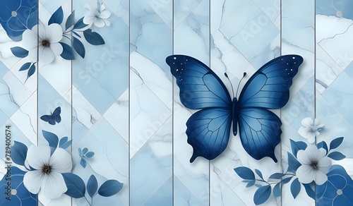marble background with flower designs and butterfly silhouette, wall decoration in blue tones © Jason Yoder