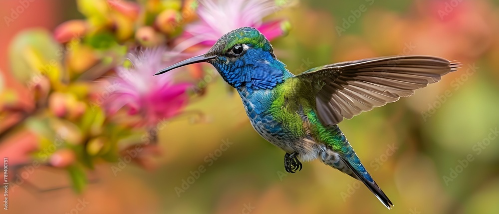 Naklejka premium Vibrant Hummingbird in Flight - Costa Rica's Natural Beauty. Concept Costa Rica Wildlife, Birdwatching, Nature Photography, Tropical Biodiversity