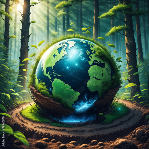 International Earth Day, small earth on soil in the forest.