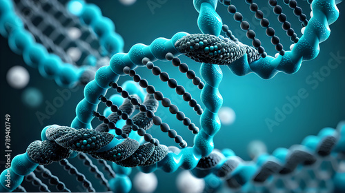 a stylized representation of a DNA double helix structure in blue tones, with emphasis on the molecular bonds and helical twist