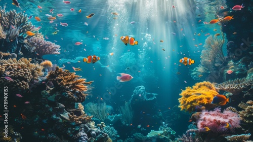 An underwater coral reef teeming with colorful marine life, underscoring the importance of protecting fragile ecosystems and marine biodiversity. © Plaifah