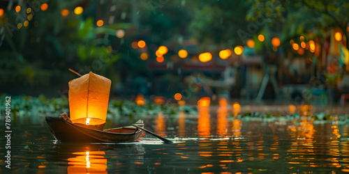 Glowing lanterns floating on calm river octane Ren A boat with floating candles on the water . photo