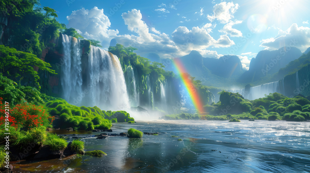 Fototapeta premium The nature of Argentina. Sunny day. View of the Iguas waterfall. A rainbow is visible in the waterfall.