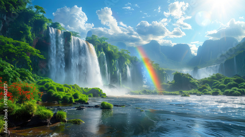 The nature of Argentina. Sunny day. View of the Iguas waterfall. A rainbow is visible in the waterfall.