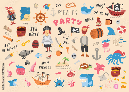 Cute Pirate elements collection. Cartoon sea adventures items set. Vector illustration