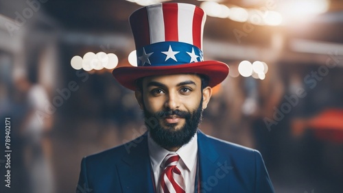 Indian American Man Dressed as Uncle Sam for the 4th of July photo