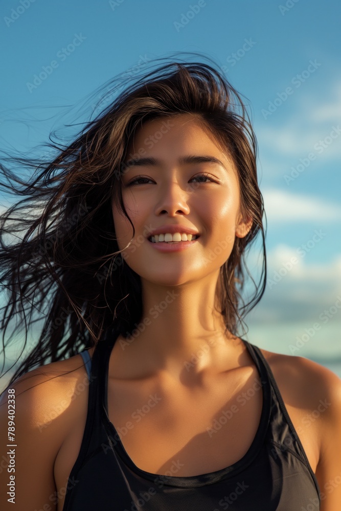 Joyful young woman with a radiant smile enjoys a sunny day, exuding happiness and vitality Joyful young woman with a radiant smile enjoys a sunny day, exuding happiness and vitality