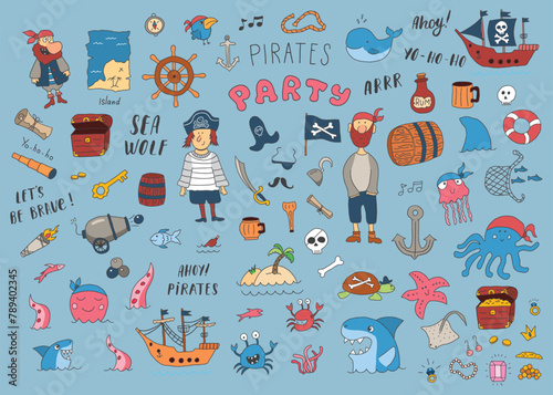 Cute Pirate elements collection. Cartoon sea adventures items set. Vector illustration