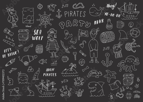 Cute Pirate elements collection. Cartoon sea adventures items set. Vector illustration