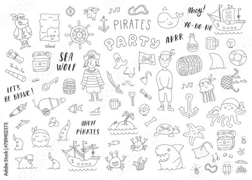 Cute Pirate elements collection. Cartoon sea adventures items set. Vector illustration