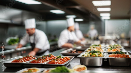 Defocused restaurant kitchen background with long kitchen counter full of dishes. Active professional chef, concept of culinary chaos and teamwork.