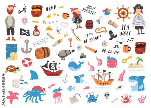 Cute Pirate elements collection. Cartoon sea adventures items set. Vector illustration