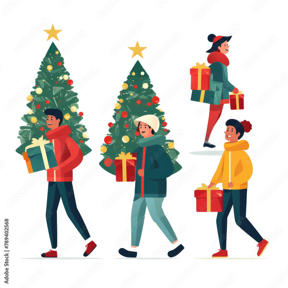 Festive Holiday Shoppers Carrying Gifts and Trees Illustration Festive Holiday Shoppers Carrying Gifts and Trees Illustration