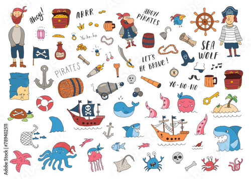 Cute Pirate elements collection. Cartoon sea adventures items set. Vector illustration