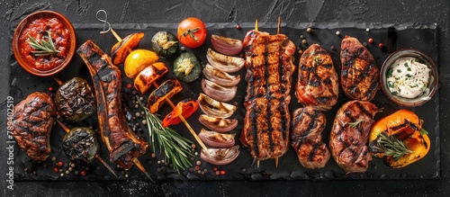 A variety of tasty grilled meats and vegetables cooked over hot coals on a barbecue.