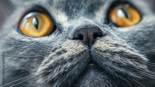 Close up Scottish fold cat head with shocking face and wide open eyes. Frighten or surprised cat when look at something.