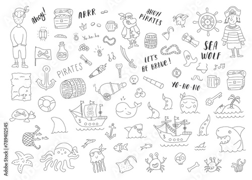 Cute Pirate elements collection. Cartoon sea adventures items set. Vector illustration