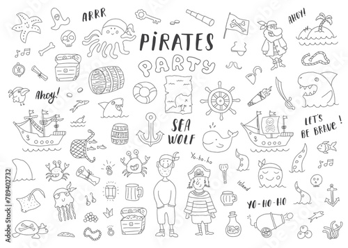 Cute Pirate elements collection. Cartoon sea adventures items set. Vector illustration