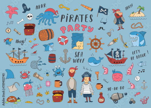 Cute Pirate elements collection. Cartoon sea adventures items set. Vector illustration