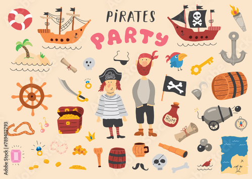 Cute Pirate elements collection. Cartoon sea adventures items set. Vector illustration