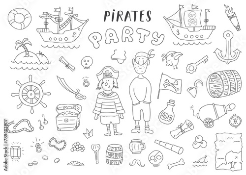Cute Pirate elements collection. Cartoon sea adventures items set. Vector illustration