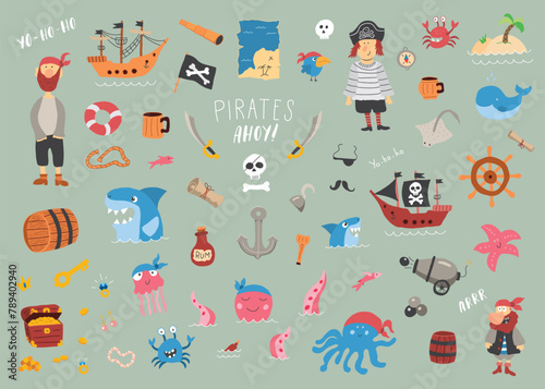 Cute Pirate elements collection. Cartoon sea adventures items set. Vector illustration