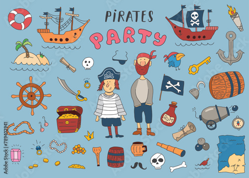 Cute Pirate elements collection. Cartoon sea adventures items set. Vector illustration