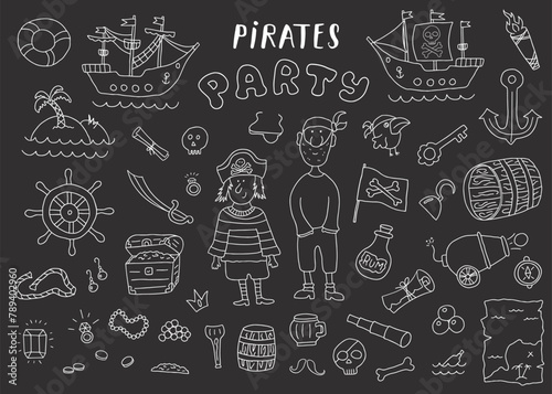 Cute Pirate elements collection. Cartoon sea adventures items set. Vector illustration
