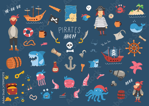 Cute Pirate elements collection. Cartoon sea adventures items set. Vector illustration