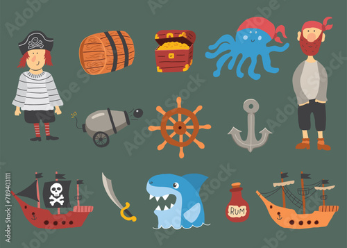 Cute Pirate elements collection. Cartoon sea adventures items set. Vector illustration